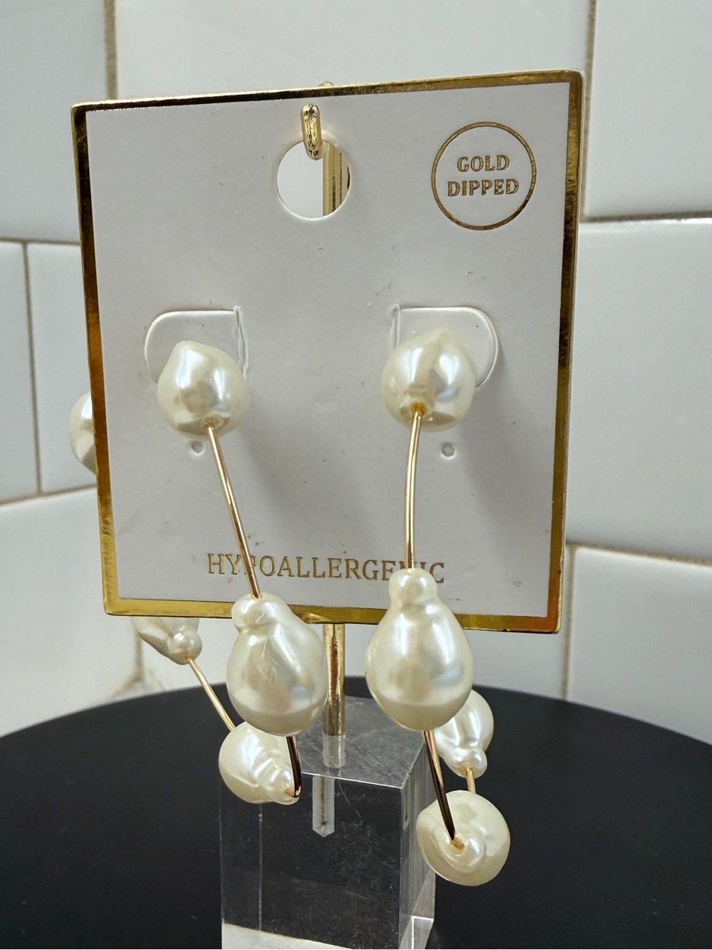 Gold-Dipped Wire Hoop Faux Pearl Earrings